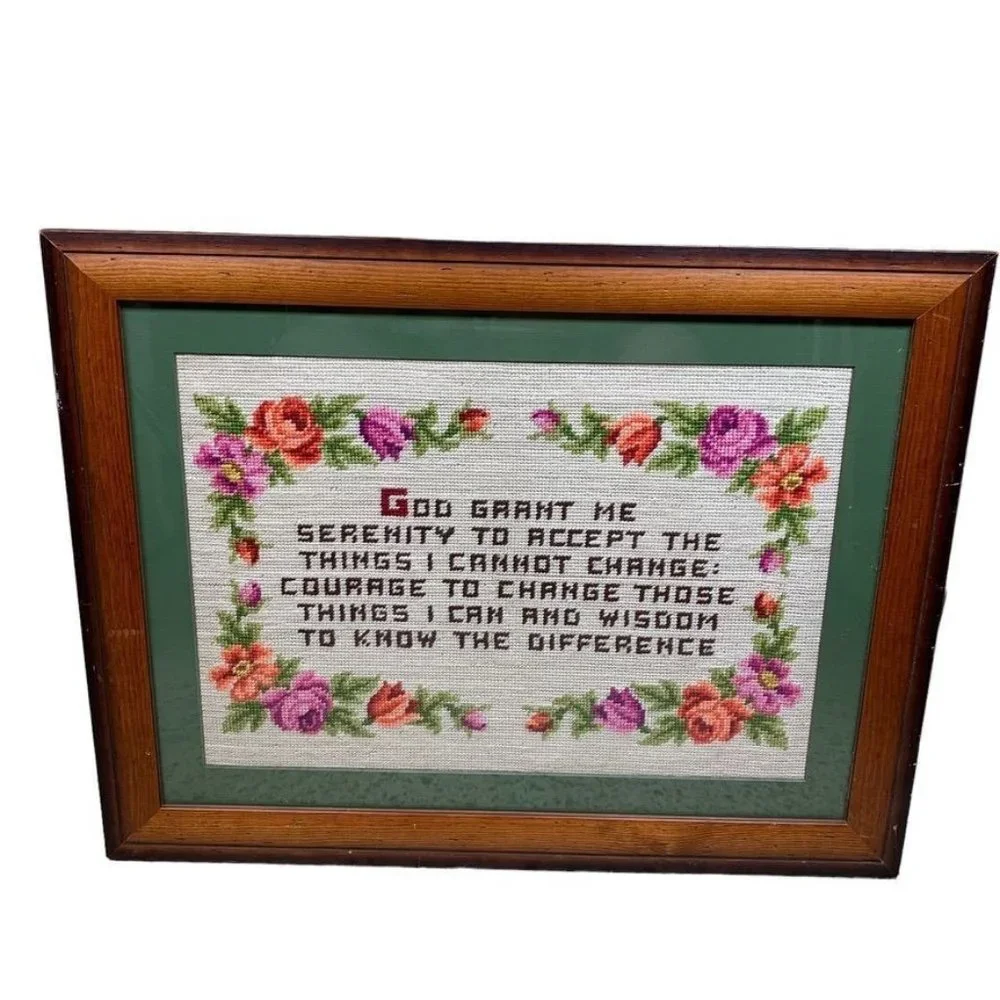 Large Finished Needlepoint Serenity Prayer Floral Framed Wall Hanging Recovery‎